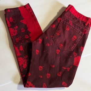 Men's Fashion Skeleton Skull Printed Slim Fit Red/Blk Denim Pants Size 30 Denim